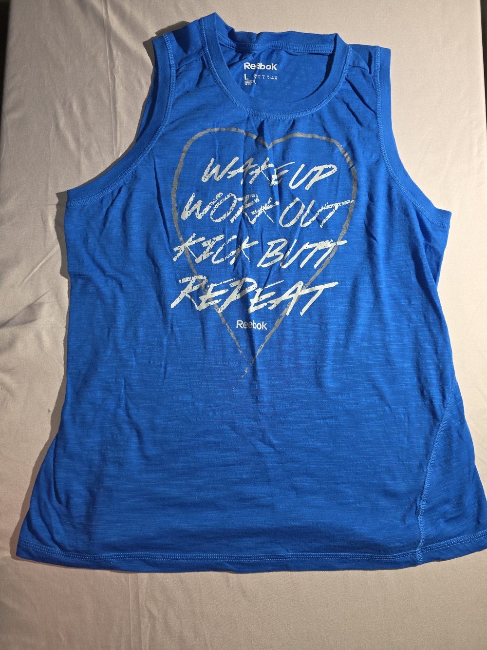 Reebok Blue Sleeveless Workout Tank with Motivational Graphic